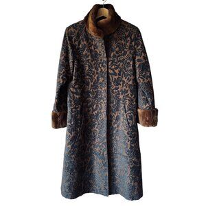 Vtg Searle Sz 6 Tapestry Long Coat Beaver Fur Trim lined Button Front Pockets